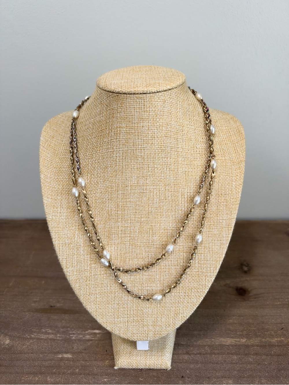 Antiqued Gold Tone Pearl Station Long Layering Necklace Twisted Links